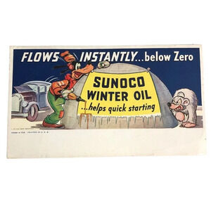 WALT DISNEY PROD "Pluto & Bear" SUNOCO Winter Oil 1939 Ink Blotter USA Disneyana